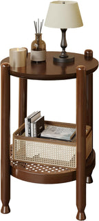 NSdirect Round End Table for Living Room, 2-Tier Rustic Wood Center Table for Home Decor with Boho Woven Rattan Storage Shelf | Modern Farmhouse Design, Easy Assembly, Red Brown