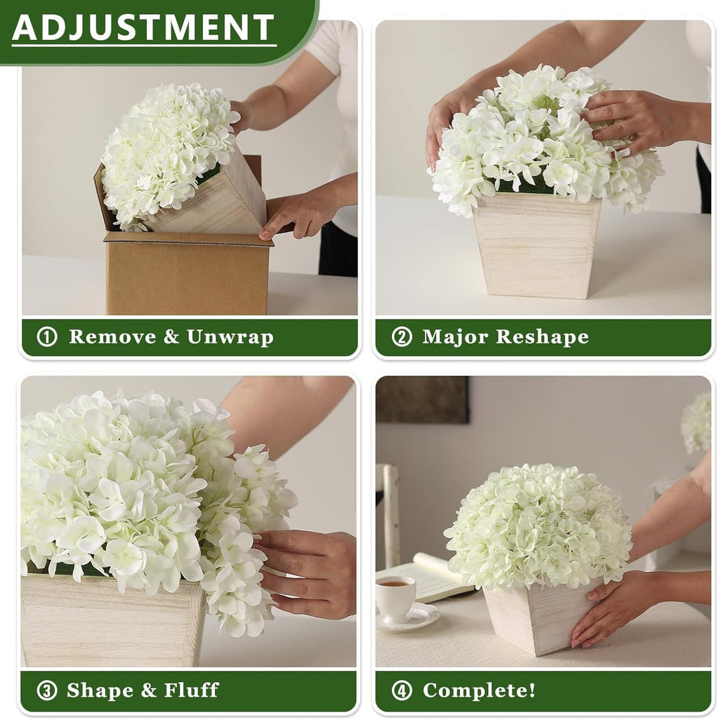 YXZZWL 10" Artificial Hydrangea Arrangement in Planter for Table Centerpiece, Lifelike Fake Hydrangea Potted Plant, Silk Faux Flowers in Wood Planter for Farmhouse Home Office Shower Decor (White)