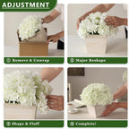YXZZWL 10" Artificial Hydrangea Arrangement in Planter for Table Centerpiece, Lifelike Fake Hydrangea Potted Plant, Silk Faux Flowers in Wood Planter for Farmhouse Home Office Shower Decor (White)
