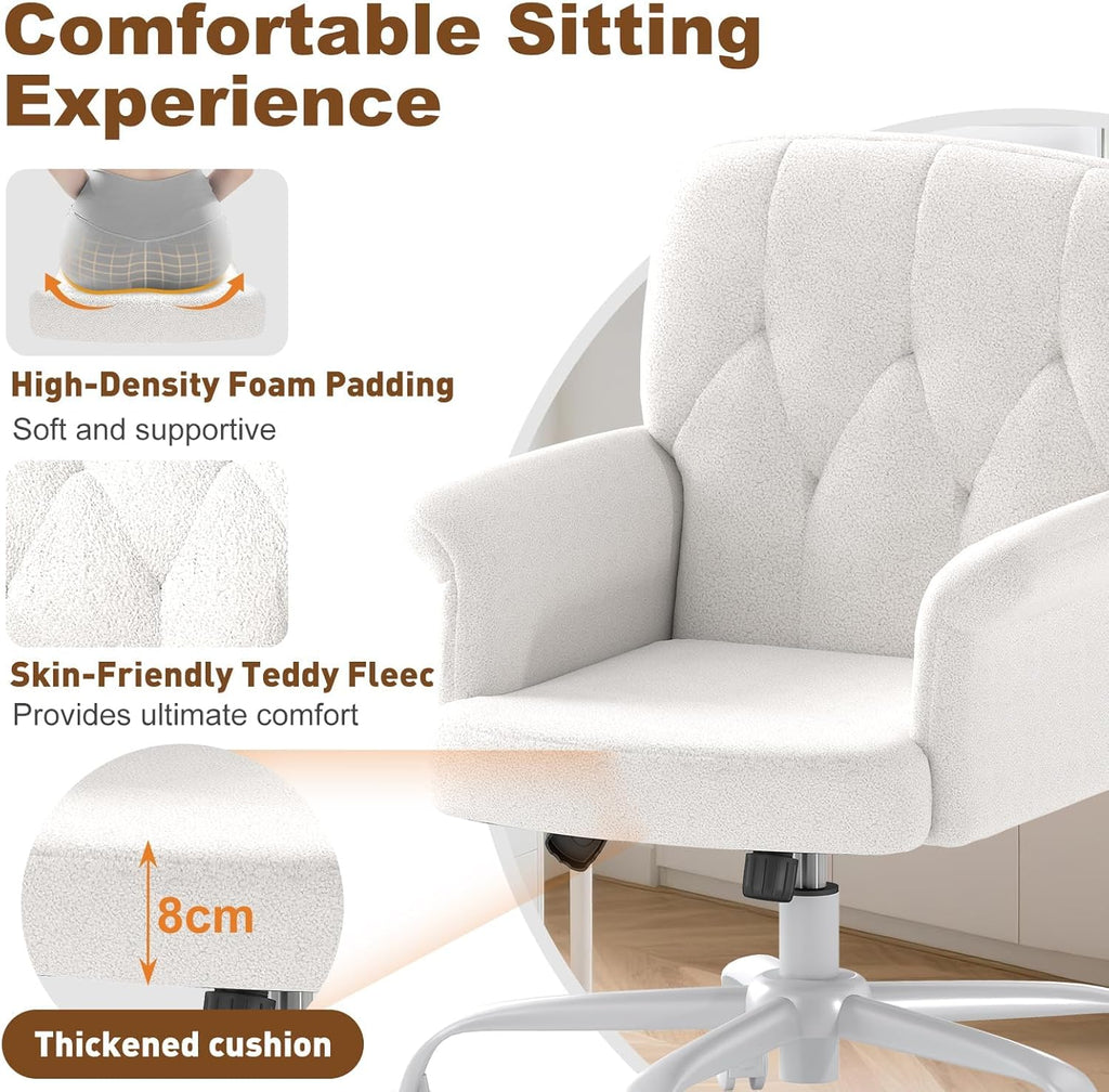 Comfy Home Office Desk Chair, Upholstered Fuzzy Vanity Chair with Wheels and Arms, Modern Adjustable Swivel Computer Seat for Make Up, Home Office, Living Room, Bedroom, Teddy Fleece, White