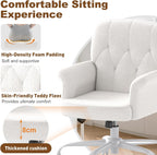 Comfy Home Office Desk Chair, Upholstered Fuzzy Vanity Chair with Wheels and Arms, Modern Adjustable Swivel Computer Seat for Make Up, Home Office, Living Room, Bedroom, Teddy Fleece, White