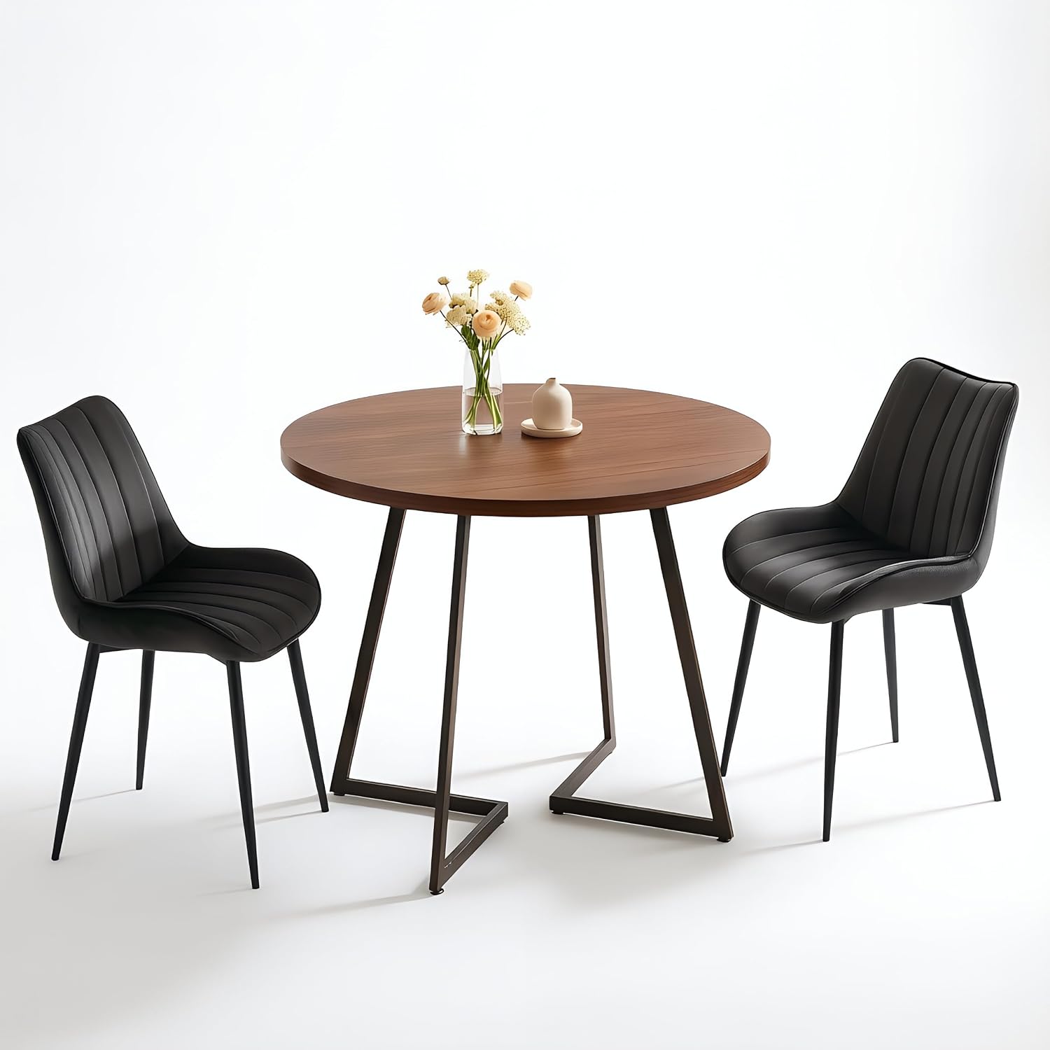 VECELO 3-Piece Dining Table Set, Round Kitchen Table with 2 Velvet Upholstered Chairs, Space Saving Design for Small Apartment & Home Office, Easy Assembly, Walnut & Black
