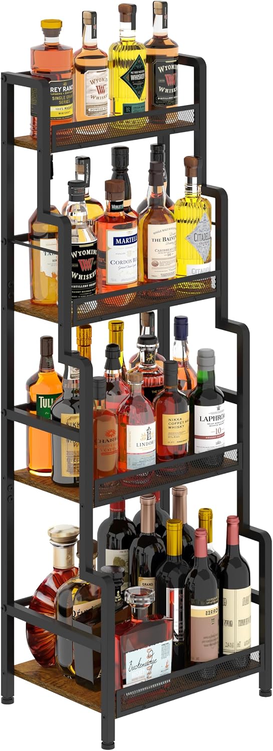 Hayexiha 4-Tier Stepped Freestanding Wine Rack, Large Capacity Liquor Cabinet with Anti-Fall Guardrails and Rounded Corners, Bottle Display Shelf & Mini Bar for Living Room, Home Bar, Kitchen Corner