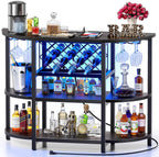 Zarler Bar Cart with Power Outlet Easy to Assemble, LED Home Bar Cabinet for Liquor, 47.3" L x 15.8" D x 36" H Metal Mini Bar Table with 4-Tier Storage, Black