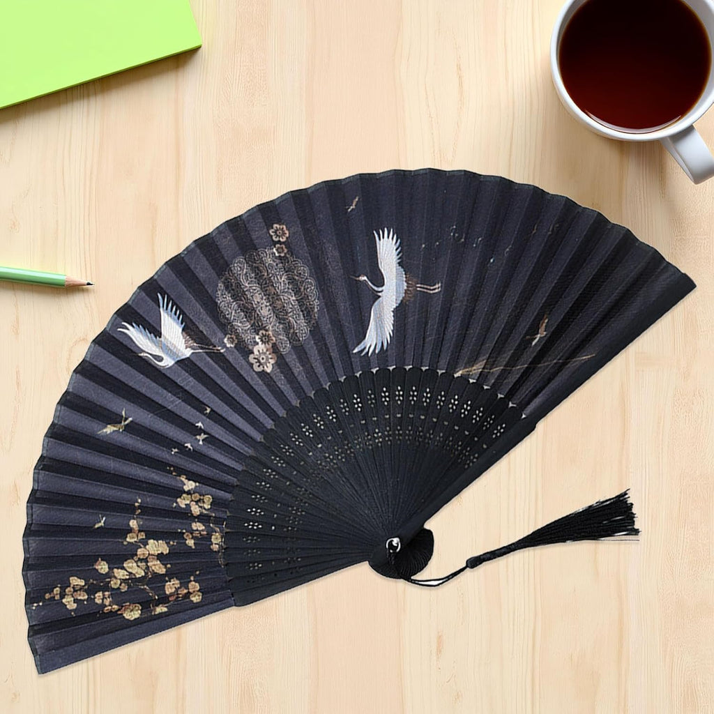 Chinese Style Handheld Folding Fan Vintage Classic Hand Fan for Wedding Dance Party Photo Prop with Crane Pattern