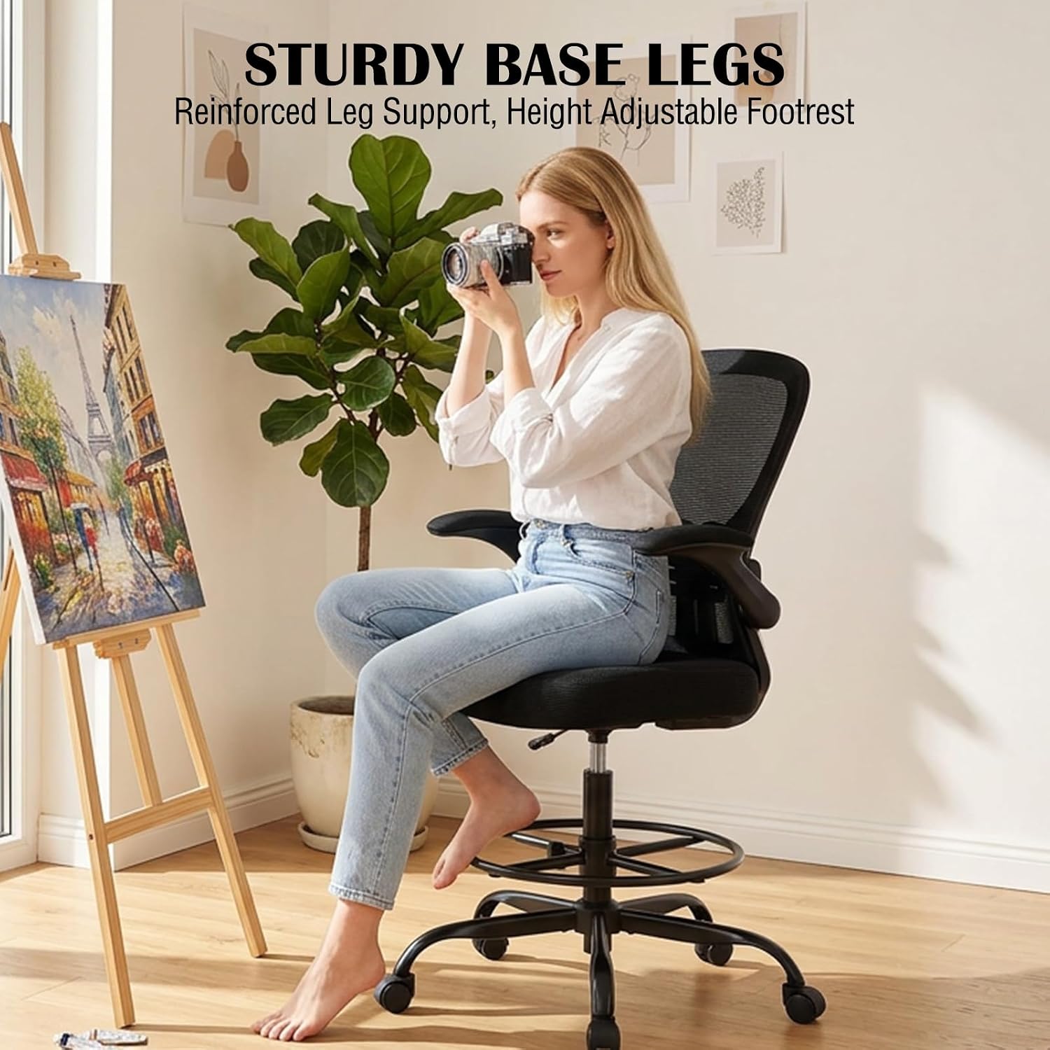 Drafting Chair Tall Office Chair, Standing Desk Chair with Flip-Up Armrests, Breathable Mesh High Chair Adjustable Height, Ergonomic Computer Chair with Lumbar Support and Adjustable Footrest Ring