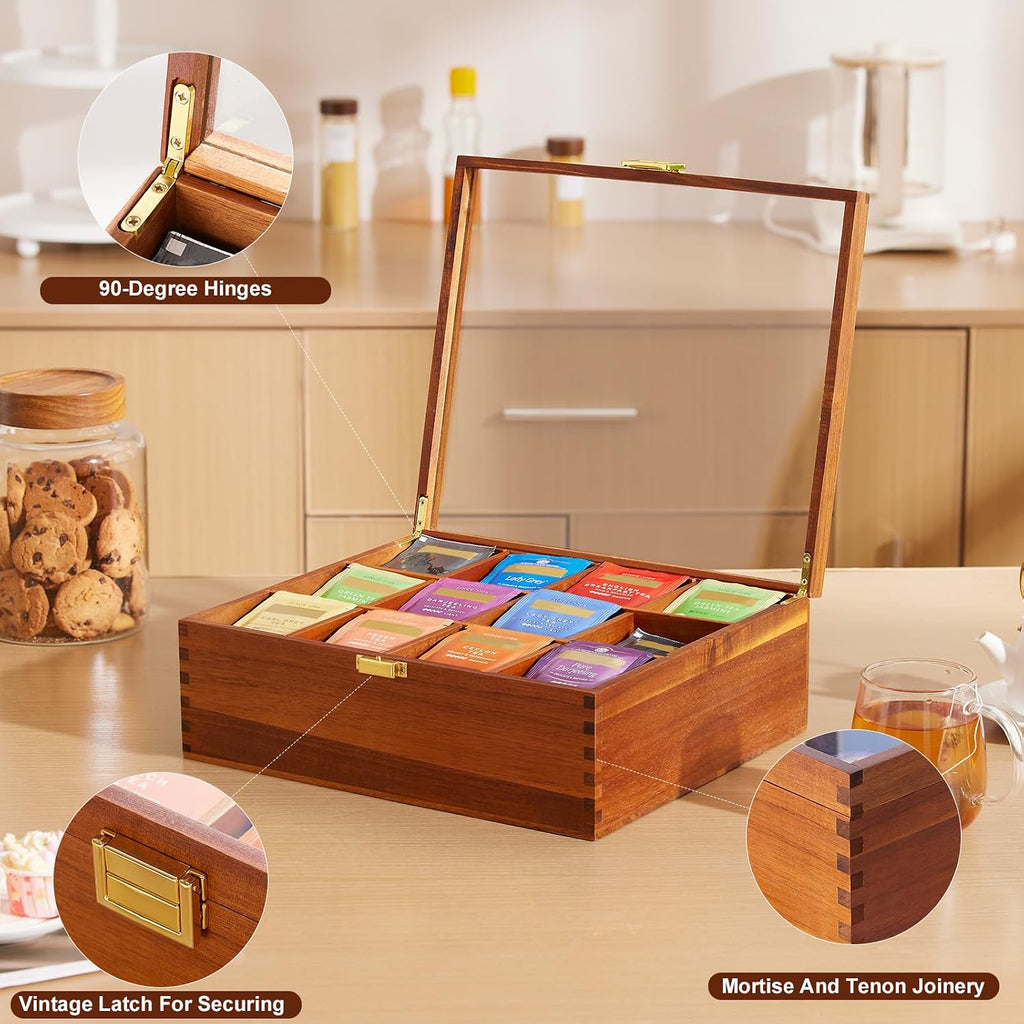 HouseJoy Wood Tea Bag Organizer: 12 Compartments with Clear Glass Lid | Acacia Wood-Large Capacity-Tea Bag Storage Holder for Countertop Kitchen Pantry-Gift For Tea Lover-Keep Tea Bag Fresh
