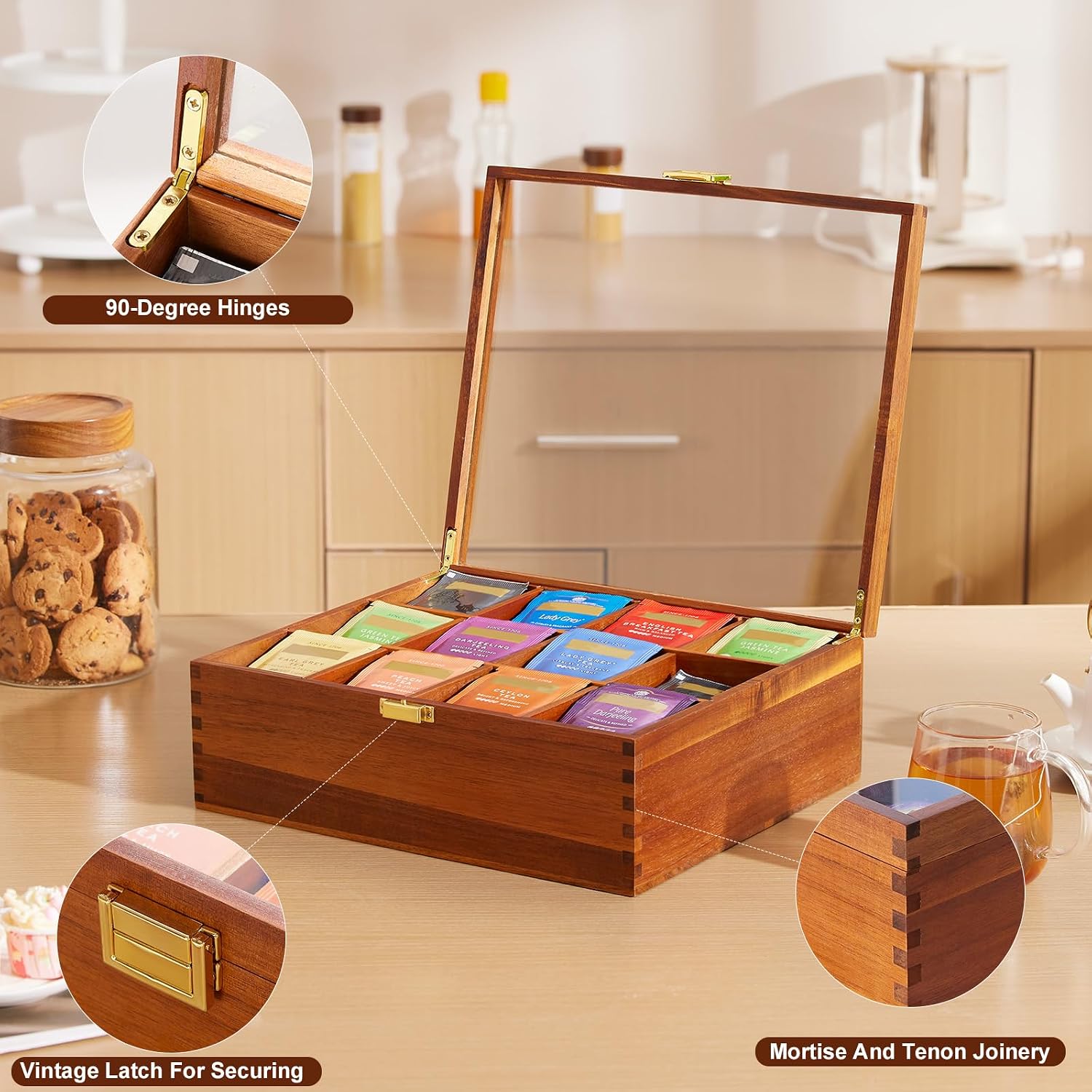 HouseJoy Wood Tea Bag Organizer: 12 Compartments with Clear Glass Lid | Acacia Wood-Large Capacity-Tea Bag Storage Holder for Countertop Kitchen Pantry-Gift For Tea Lover-Keep Tea Bag Fresh