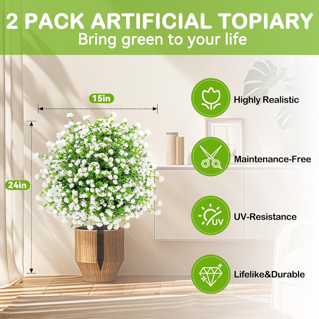 ENVEN Artificial Boxwood Topiary Ball Trees with Ground Spikes UV Resistant Faux Greenery Shrubs Fake Shrubs for Outdoors, Realistic Faux Plants Bushes for Garden Porch Yard Patio Decor (White Green)