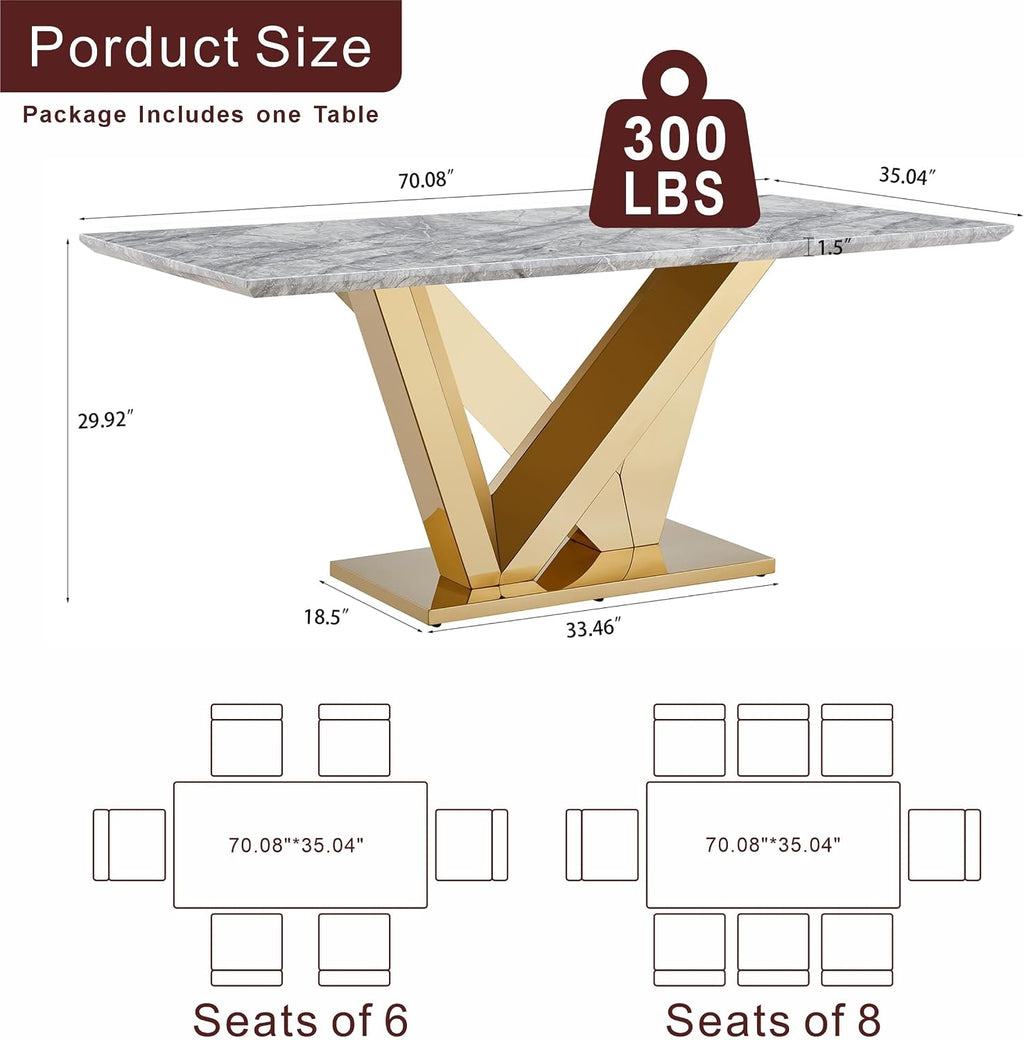 70 Inch Modern Rectangle Dining Table for 6, Faux Marble Top with Mirrored Stainless Steel Base, Large Kitchen Table for Dining Room, Living Room, Office, Conference, (Table Only) (Gold + Grey)