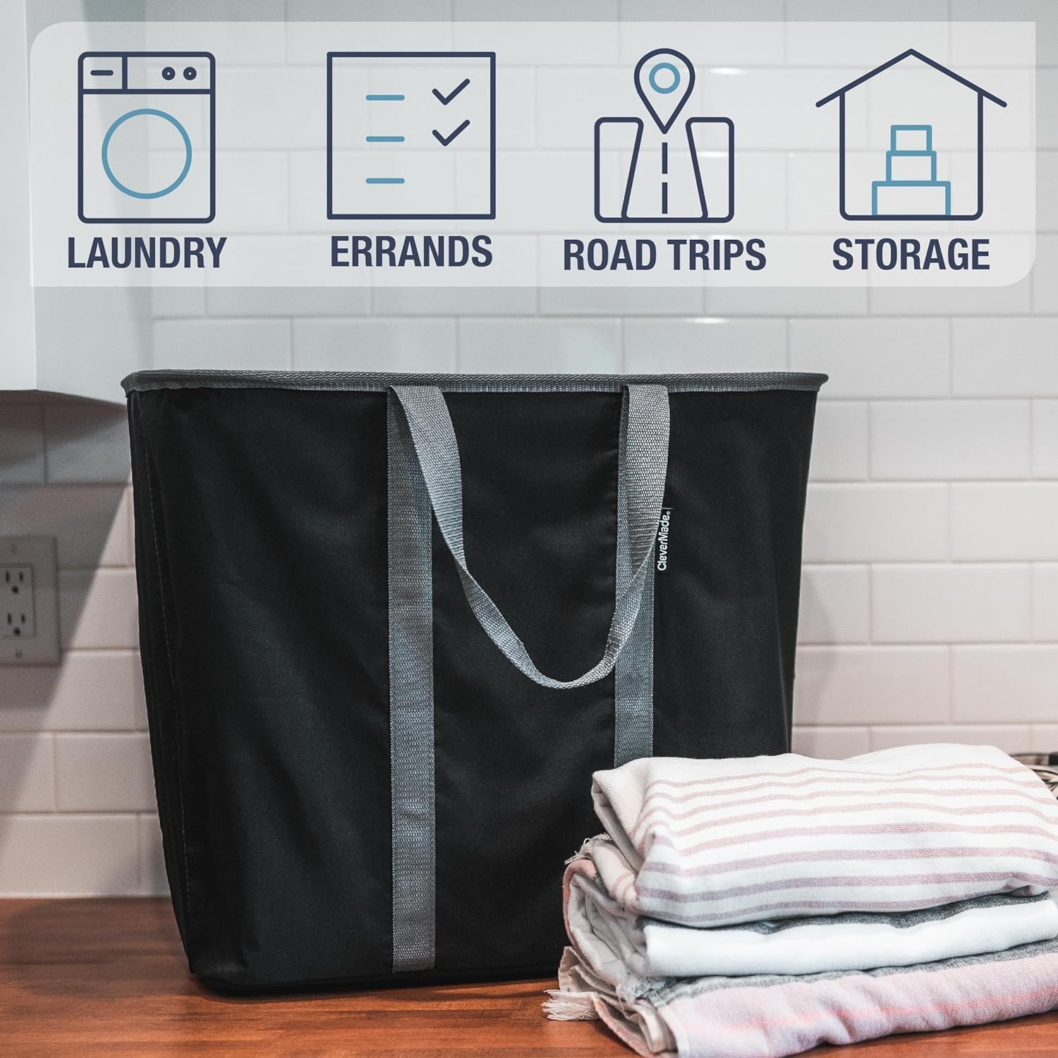 CleverMade Collapsible Laundry Caddy – Foldable Laundry Hamper & Tote, XXL 64L Pop-Up Laundry Basket with Handles, Space-Saving Laundry Organizer for Home, Dorm, Closet & Travel, 2 Pack - Black Gray