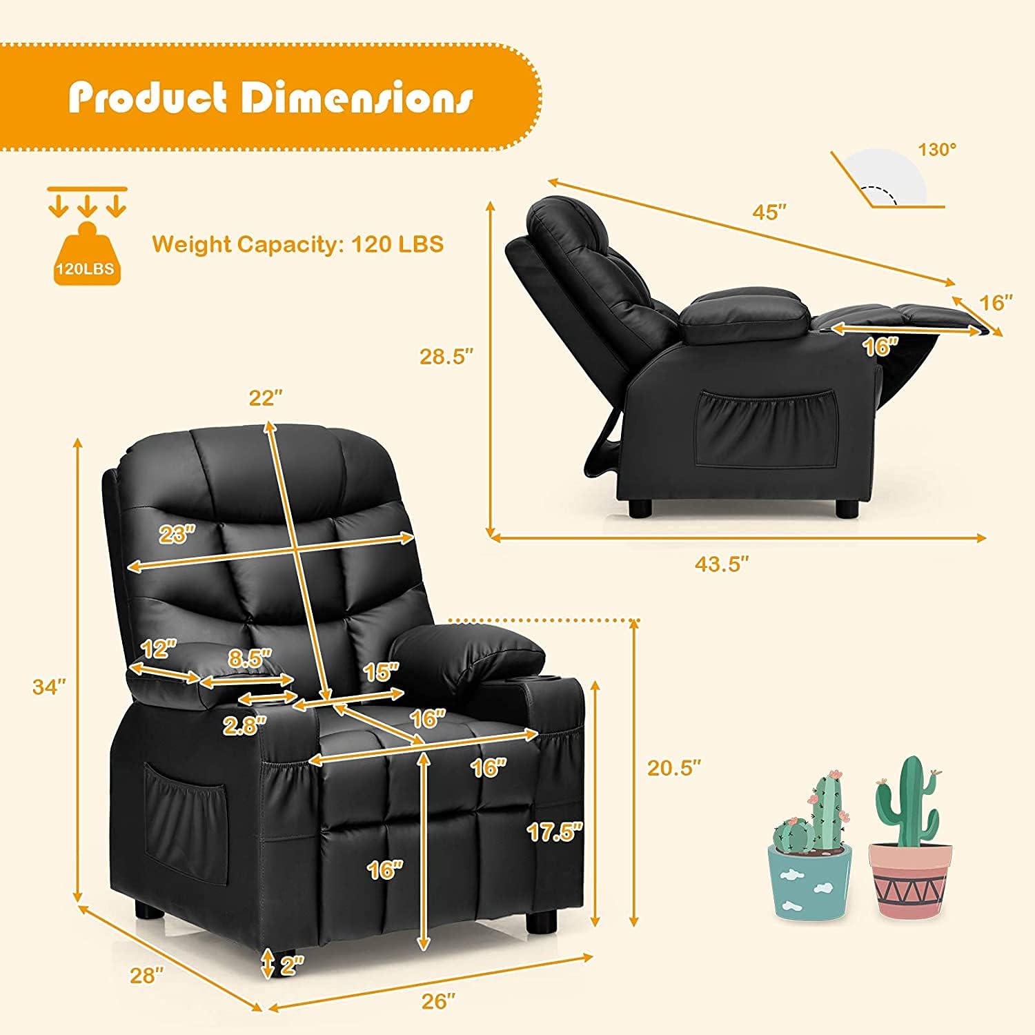 GLACER Kids Recliner Chair w/Cup Holder& Side Pockets, Children Recliner w/Comfortable Backrest, Armrests & Footrest, Toddler PU Leather Recliner for Boys Girls, 3+ Age Group, Black