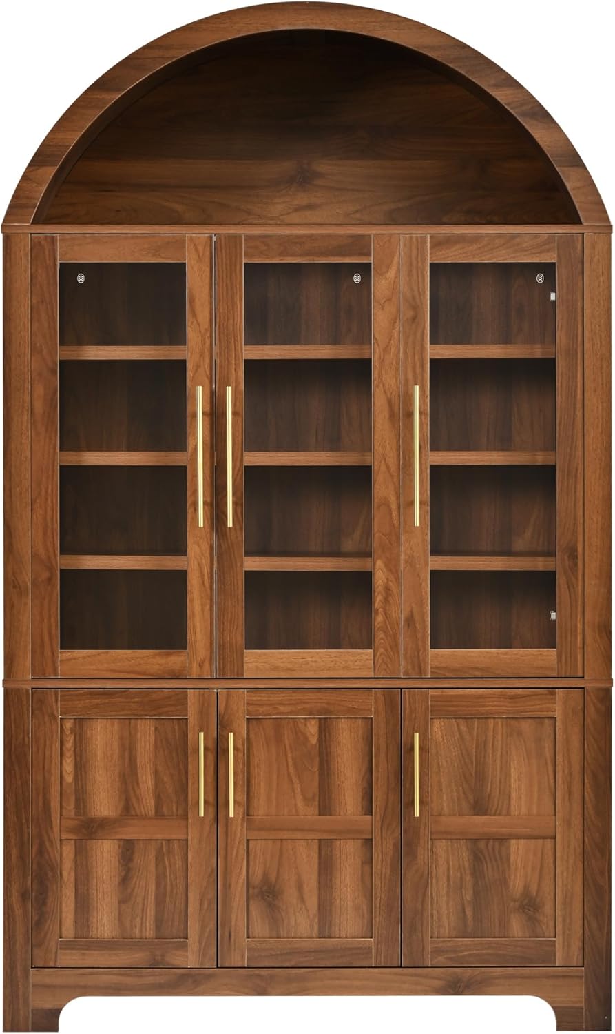 Merax 73" Tall Arched Kitchen Pantry Cabinet, Farmhouse Storage Cabinet with 3 Glass Doors, Adjustable Shelves & Door Racks, Tall Cupboard for Dining Room, Bathroom