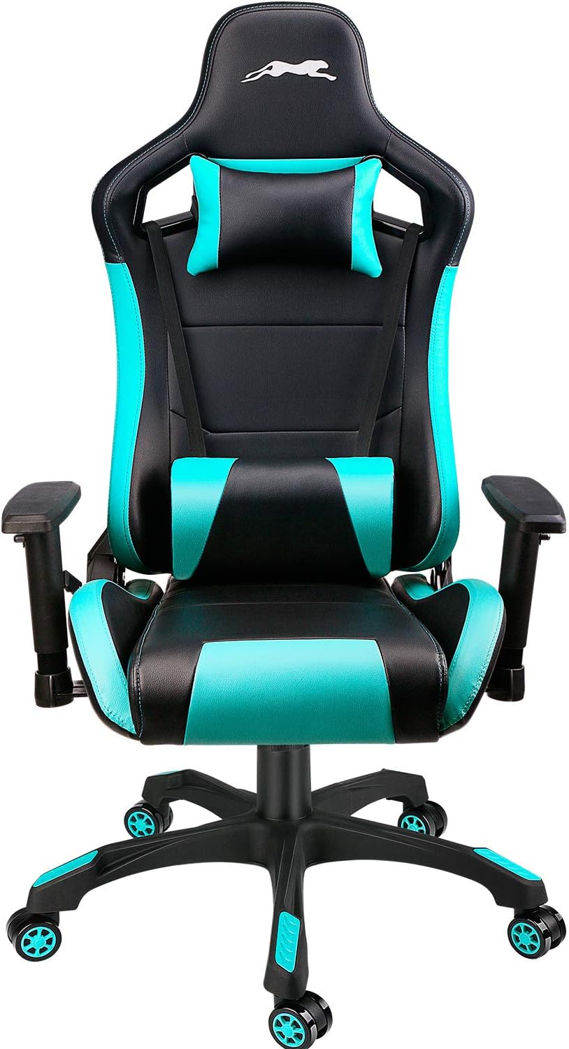 Leopard Gaming Chair, High Back PU Leather Office Chair, Adjustable Video Gaming Chairs, Swivel Racing Chair with Adjustable Armrest (Black/Light Blue)