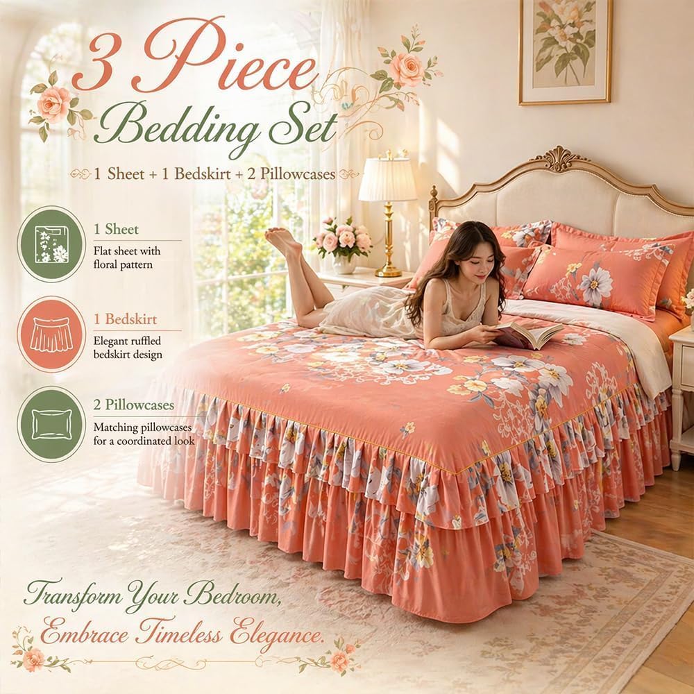 3-Piece Ruffled Bed Skirt Set with Floral Print，Floral Ruffled Bed Skirt 3-Piece Set,Elegant Soft Ruffle Skirt Bedspread with 1 Bed Skirt and 2 Pillowcases for Bedroom (＃4, 78 * 80in)