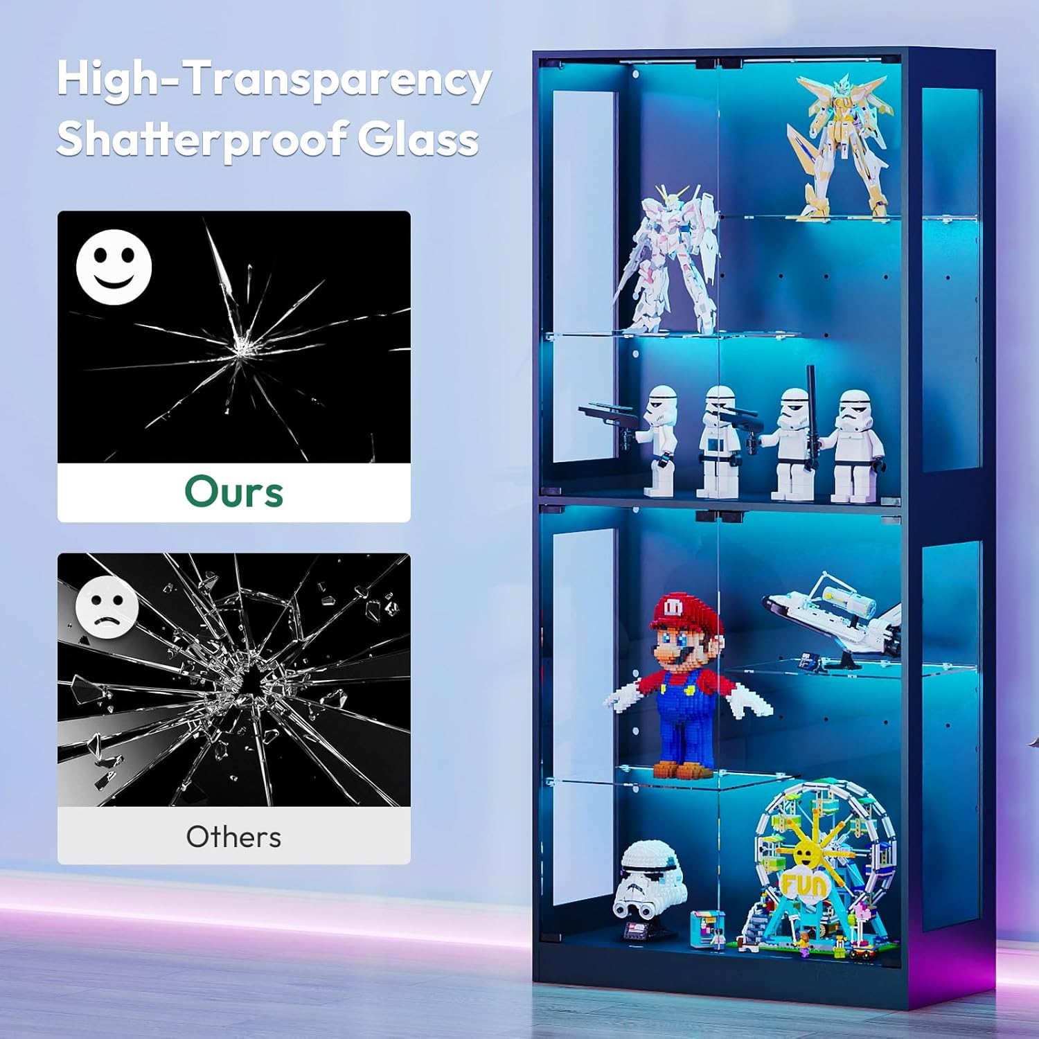 Lamtor 69-inch Glass Display Cabinet – Curio Cabinet with RGB LED Lights, Adjustable Shelves & Anti-Tip Design for Collectibles, Figures, Living Room | Black