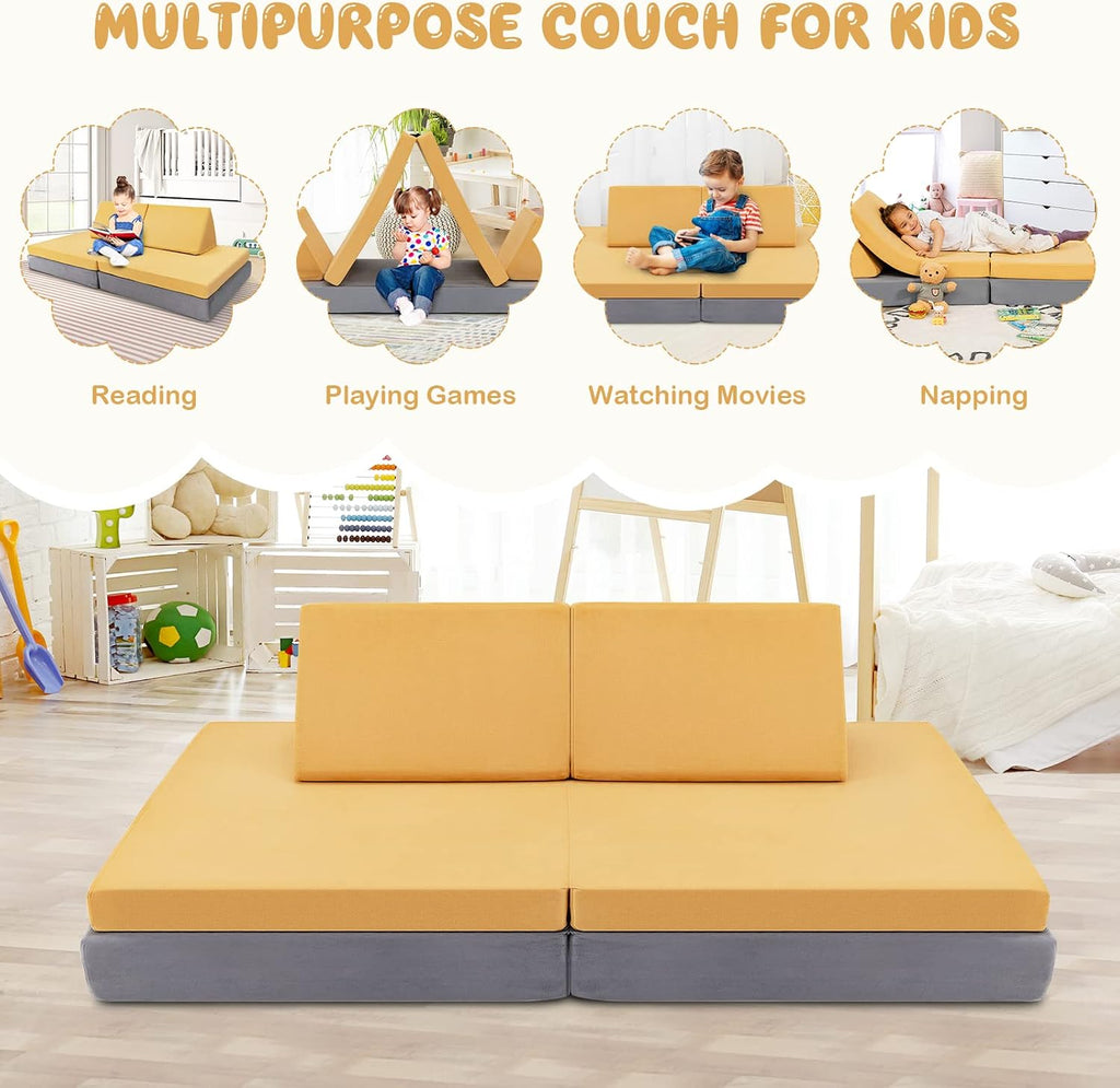 Costzon Kids Couch, 6-Piece Convertible Children's Sofa Playset or 2 Chair w/Folding Mats & 2 Pillows, Washable Cover, Toddler to Teen Bedroom Playroom Boys Girls Birthday (Yellow)