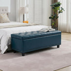 Tbfit 50.8" Large Storage Ottoman Bench with Button-Tufted Top, Blue PU Faux Leather End of Bed Chest with Safety Hinge and Rivets for Bedroom, Living Room (Blue PU)