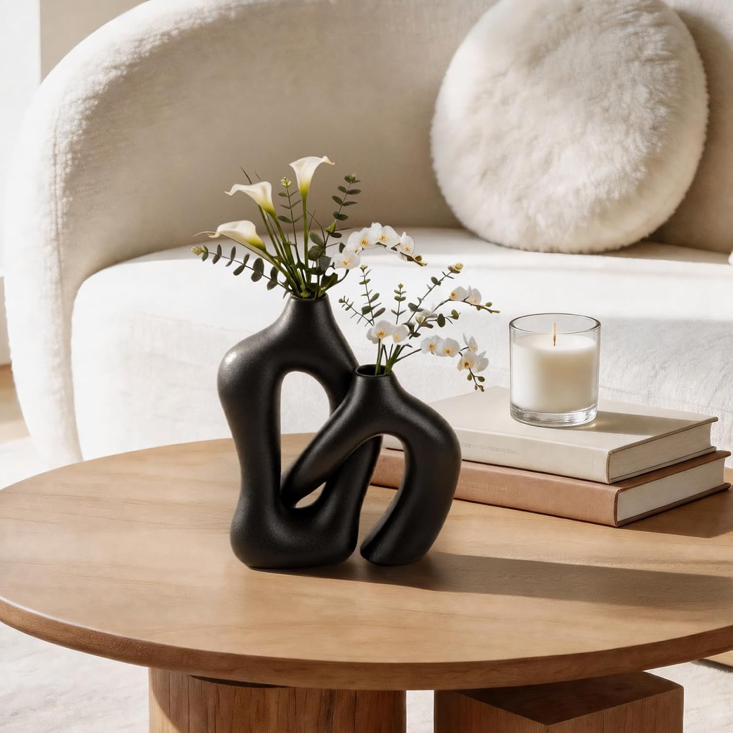 Dowan Black Vases for Decor,Hollow Ceramic Vase Set of 2,7.6" Nordic Modern Boho ins Style Decorative Ceramic Aesthetic Flower Vase for Home Decor Modern Minimalist Table, Entryway Centerpieces
