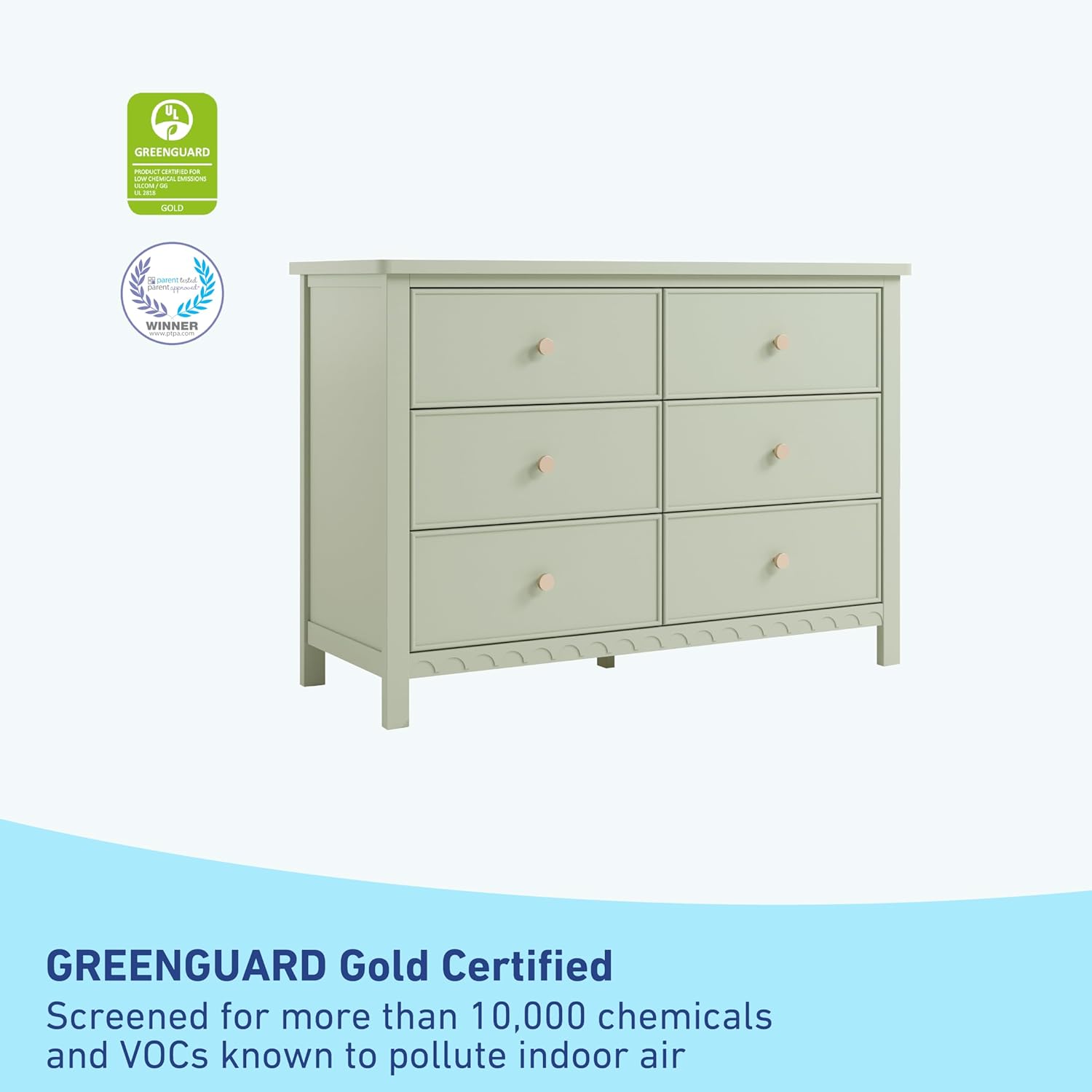 Graco Sasha 6 Drawer Dresser, Sage | GREENGUARD Gold Certified, Removable Bookshelves, Nursery & Kids Bedroom Wood Dresser, Spacious Storage, Interlocking Drawers