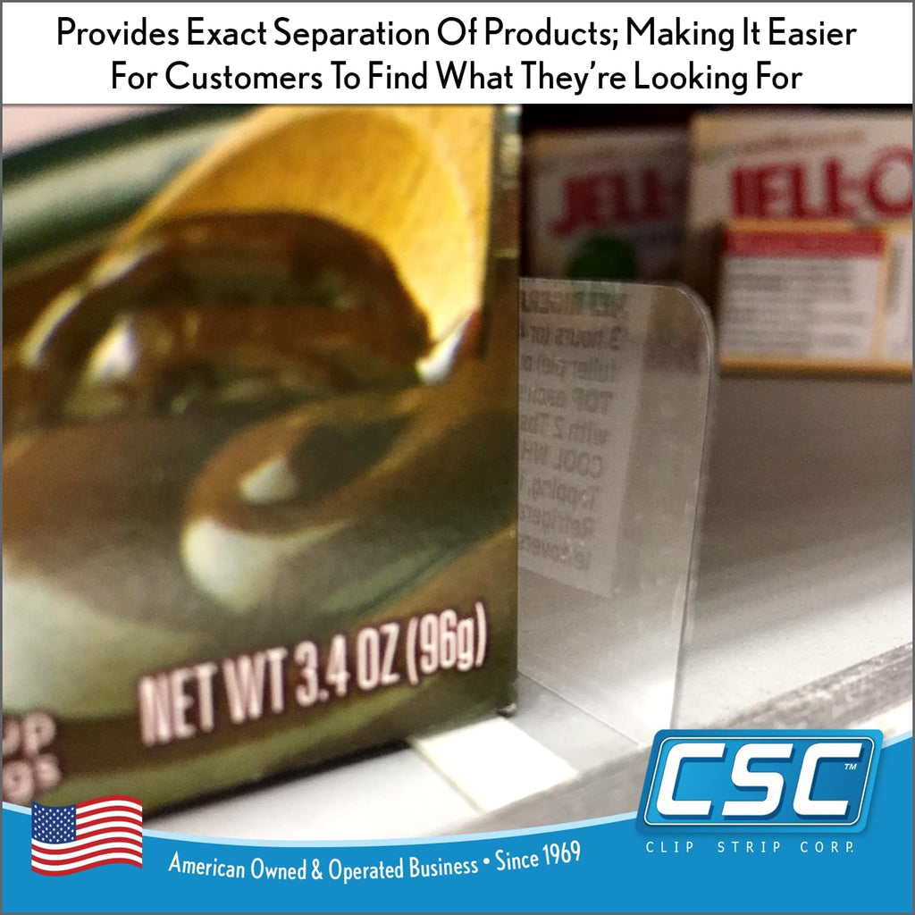 Clip Strip Corp. Shelf Dividers Pack of 50 for Retail Stores - Lightweight, Clear Adhesive Mount 1" H x 11-9/16" L, 15 mil Crystal Clear PVC, Retail Shelf Separator, Item SD-1512