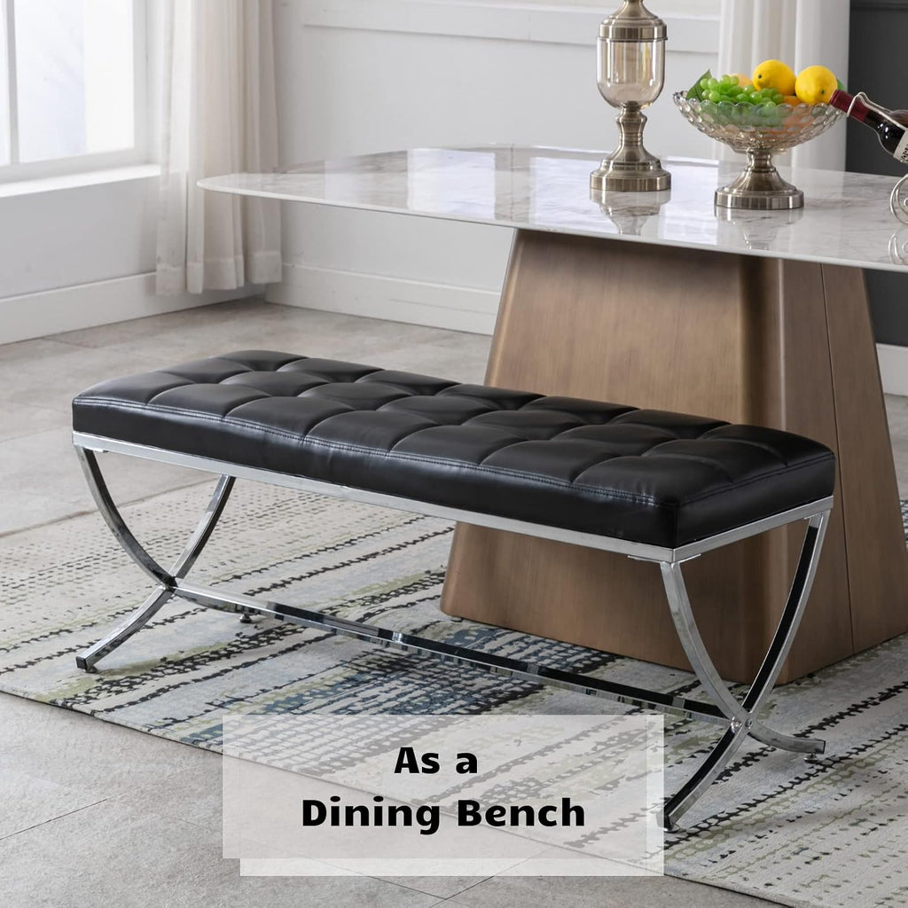 HEAH-YO Modern Dining Bench for Table, Button Tufted Ottoman Bench with Metal Legs, Upholstered PU Faux Leather Footstool for Living Room Entryway, Black