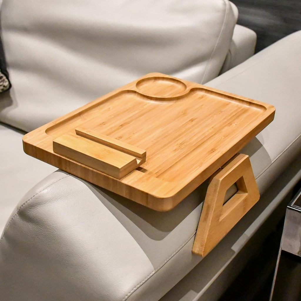 Couch Arm Tray, Bamboo Couch Armrest Table with Cup Holder & 360° Phone Holder, Foldable Snack Tray for Eating, Drinks, Snacks, Remote, Food - Fits Most Sofa Arms.