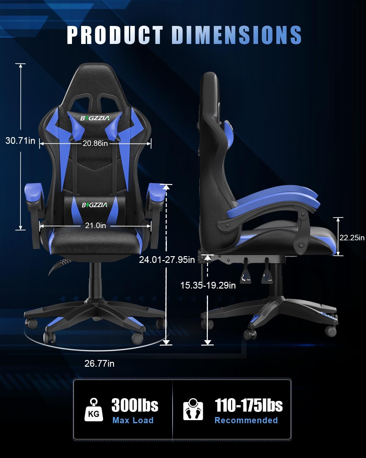 Bigzzia Gaming Chair with RGB LED Lights for Kids & Adults, High Back Ergonomic Computer Gamer Chair with Headrest and Lumbar Support, Racing Style Reclining Game Chair(Black/Blue)