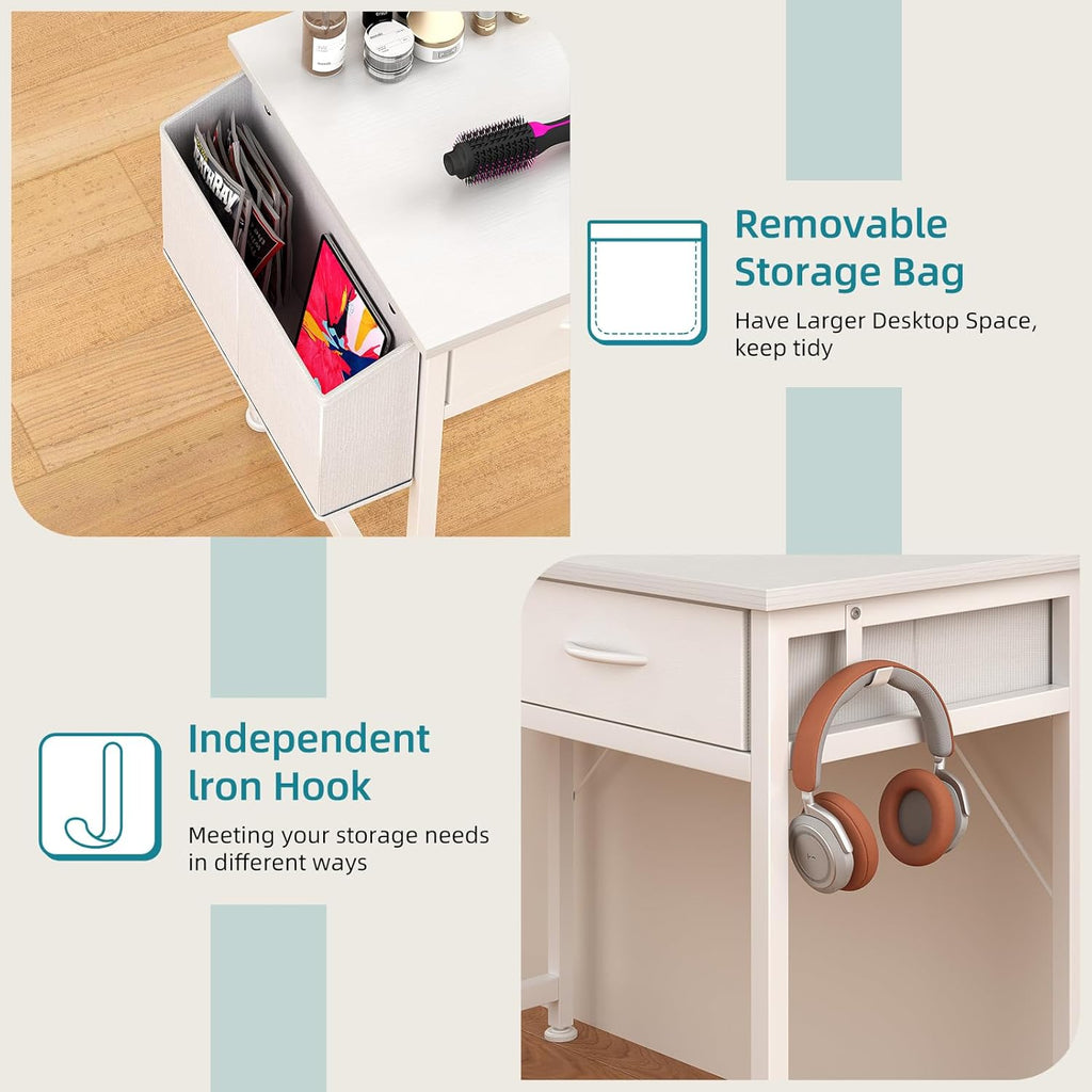 CAIYUN Small White Desk with Fabric Drawers for Bedroom, 31 Inch Home Office Desk with Side Pocket and Hook for Small Space, Makeup Vanity Desks Kid’s Desks to Writing Made of Wood and Metal, White