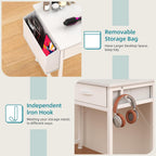 CAIYUN Small White Desk with Fabric Drawers for Bedroom, 31 Inch Home Office Desk with Side Pocket and Hook for Small Space, Makeup Vanity Desks Kid’s Desks to Writing Made of Wood and Metal, White