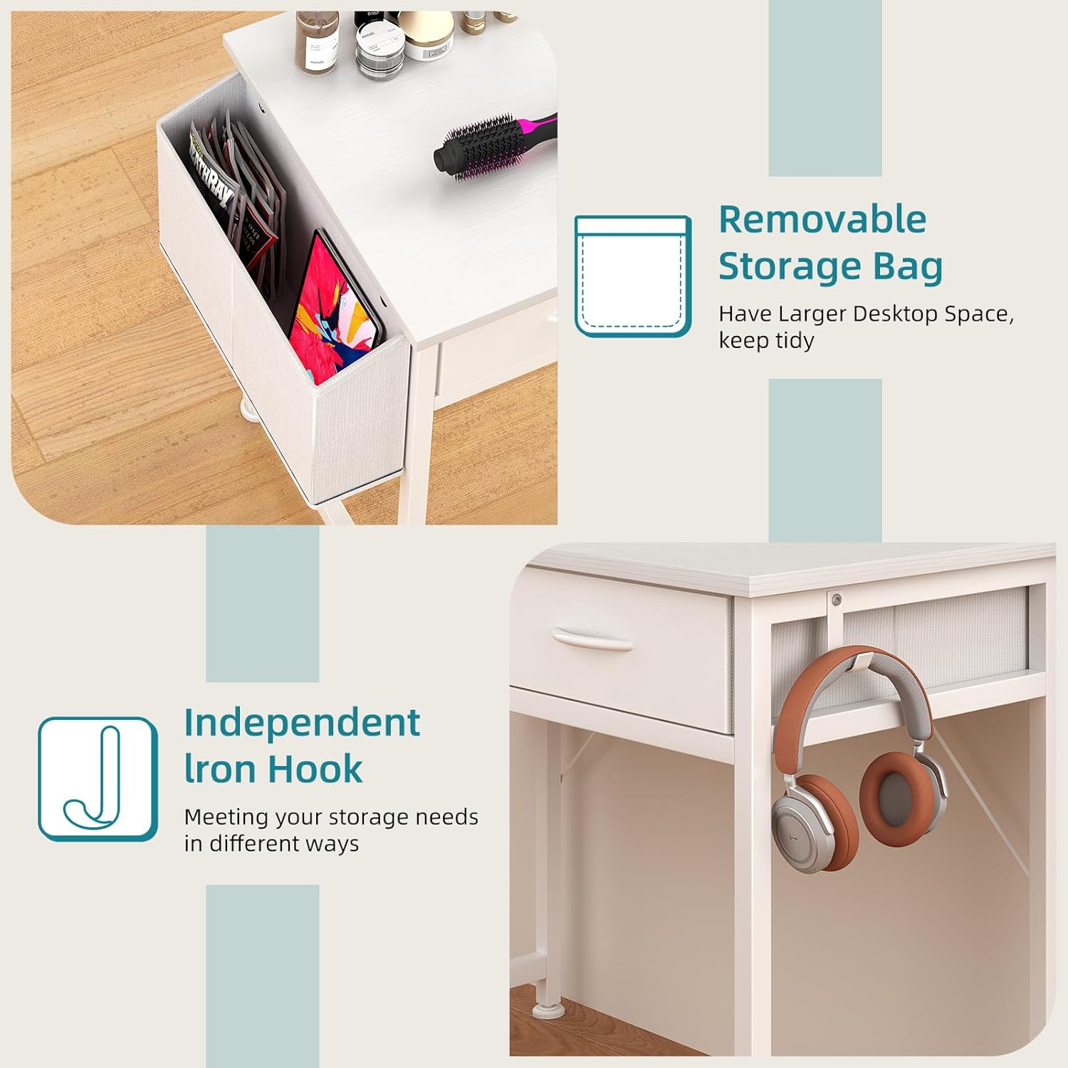 CAIYUN Small White Desk with Fabric Drawers for Bedroom, 31 Inch Home Office Desk with Side Pocket and Hook for Small Space, Makeup Vanity Desks Kid’s Desks to Writing Made of Wood and Metal, White