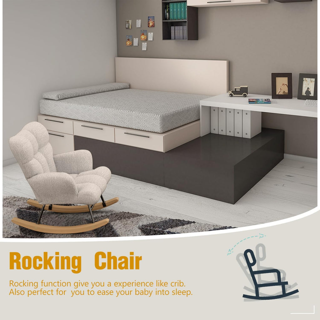 VIRRMO Glider Rocking Chair for Bedroom Chair, Comfy Accent Chair Reading Chair with High Backrest Armchair Teddy Soft Upholstered Living Room Chairs for Nursery Bedroom Home (Milky White)