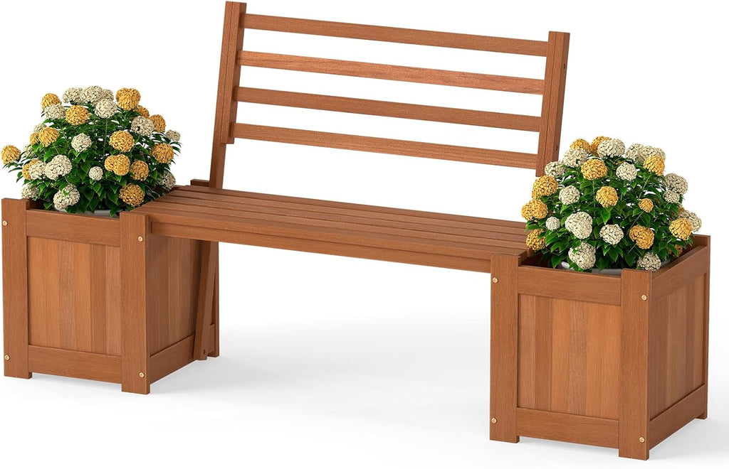 Giantex 2-in-1 Outdoor Bench with Backrest & 2 Raised Garden Beds, Wood with Teak Oil Finish, Planter Boxes with Open-Ended Base, Garden Bench Seat for Porch Balcony Lawn Yard, DIY Assembly