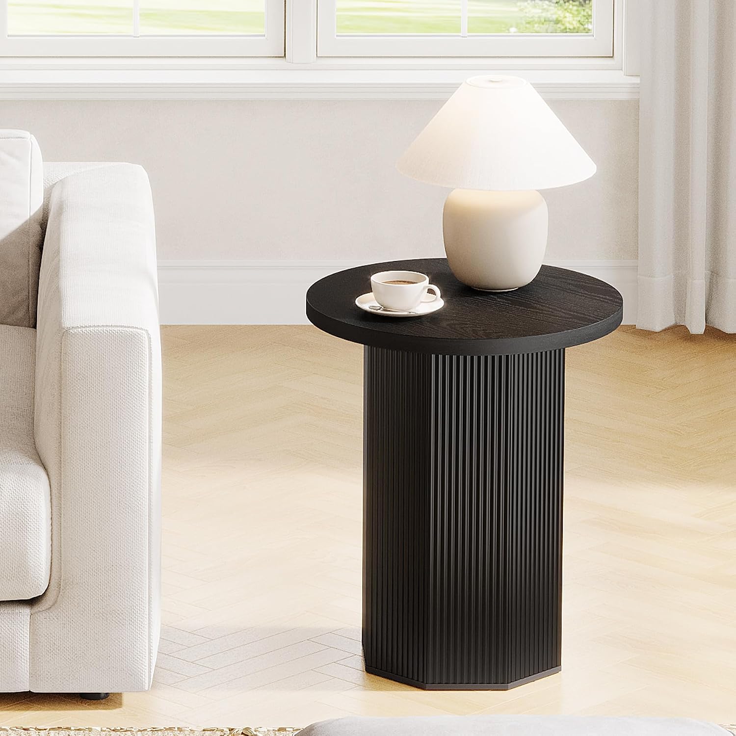 Tribesigns Round End Table, Farmhouse Pedestal Side Table, Fluted Wooden Nightstand Drink Stand for Living Room, Bedroom (1, Black)