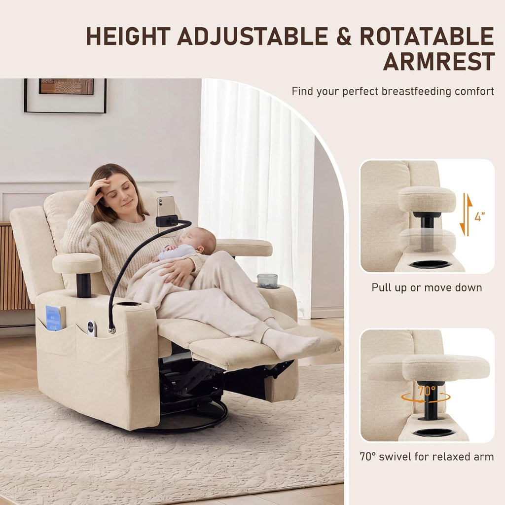 Furnimart Power Rocking Chair Nursery with Adjustable Armrests, Triple Motor Glider Recliner Swivel Nursing Chair for Breastfeeding with Phone Holder, Side Storage, Soft Waterproof Fabric, Beige