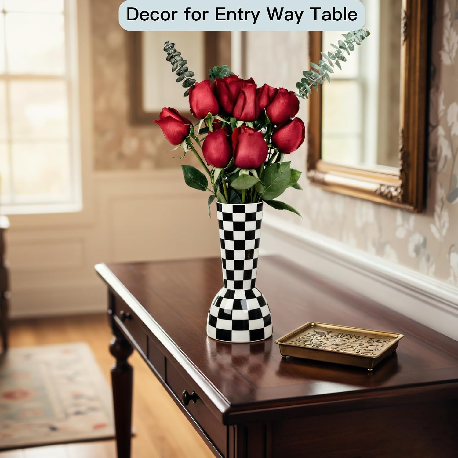 Black and White Checkered Vase, Aesthetic Modern Ins Cool Flower Vases for Home Decor, Entryway Table, Centerpieces Decoration, Kitchen, Living/Dining Room, Bedroom, Bathroom, Coffee Tables (Ceramic)