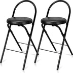CroBlissful 2 Pcs 24 Inch Folding Bar Stool with Backrest, Leather Padded Folding Stools for Adults up to 350lbs, Collapsible Round Counter Height Stool Chair for Camping Kitchen Shop Cafe (Black)