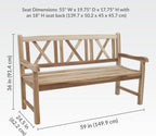 Sunnydaze 2-Person Outdoor Bench for Front Porch or Park - Wooden Teak Patio Garden Bench with Backrest - 675 lb Weight Capacity - Crossback