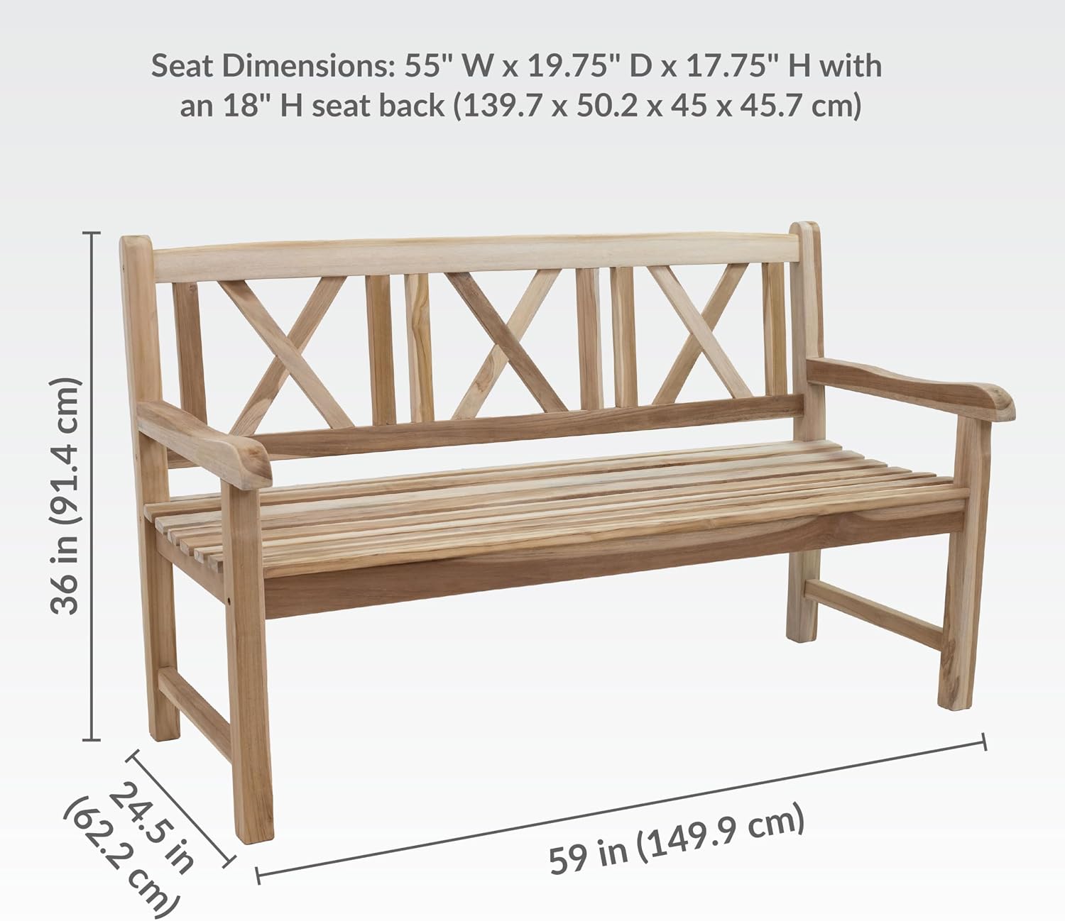 Sunnydaze 2-Person Outdoor Bench for Front Porch or Park - Wooden Teak Patio Garden Bench with Backrest - 675 lb Weight Capacity - Crossback