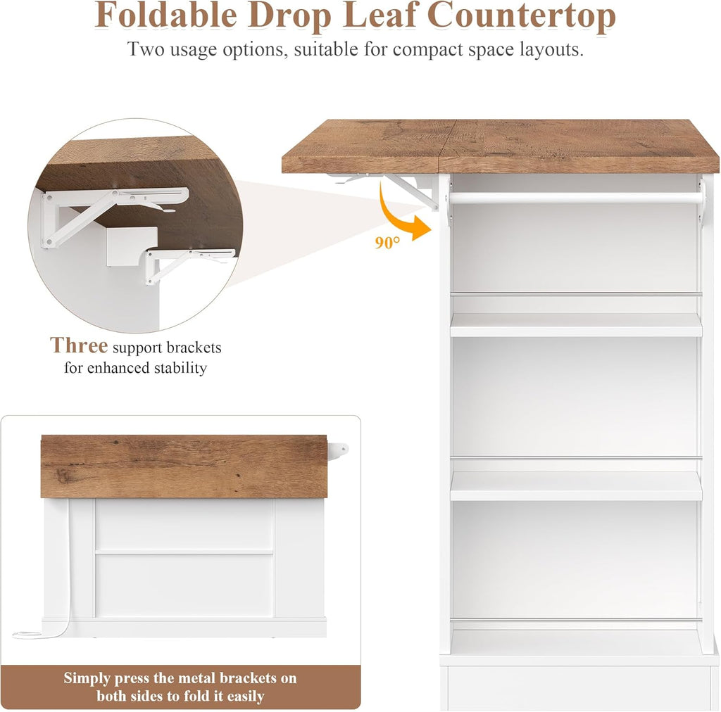 Keyluv Kitchen Storage Island with 2 Stools, 51.2” Mobile Kitchen Cart with Drop Leaf & Power Outlet, Rolling Island Table Dining Room Buffet with 2 Drawers & Side Storage Rack &Towel Rack, White
