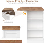 Keyluv Kitchen Storage Island with 2 Stools, 51.2” Mobile Kitchen Cart with Drop Leaf & Power Outlet, Rolling Island Table Dining Room Buffet with 2 Drawers & Side Storage Rack &Towel Rack, White