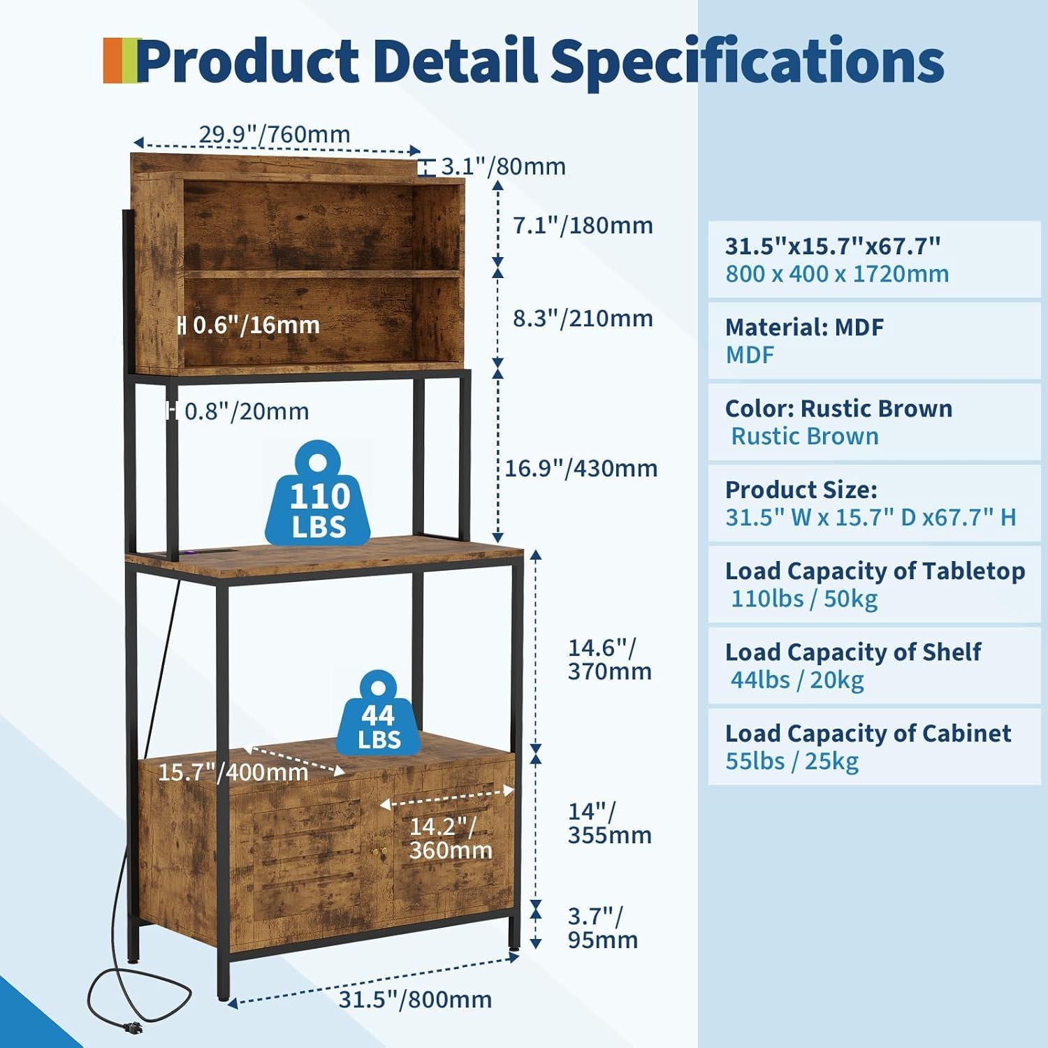 Garvee Bakers Rack with Storage Cabinet, 68" Industrial 6-Tier Kitchen Storage Shelf with Cabinet,Microwave Stand,Shelves,Freestanding Coffee Bar for Pots, Spices & Kitchen Essentials