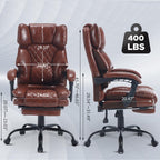 Reclining Ergonomic Executive Office Chair With Footrest, 400lbs Big Tall Recliner Desk Chairs with Lumbar Support, Heavy Duty High Back Vintage Leather Home Computer Chair with Wheels, Brown