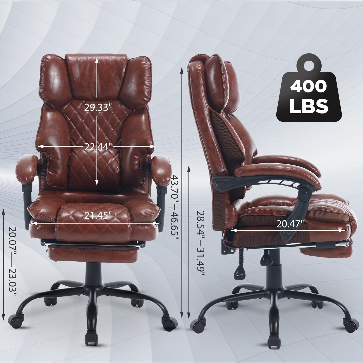 Reclining Ergonomic Executive Office Chair With Footrest, 400lbs Big Tall Recliner Desk Chairs with Lumbar Support, Heavy Duty High Back Vintage Leather Home Computer Chair with Wheels, Brown