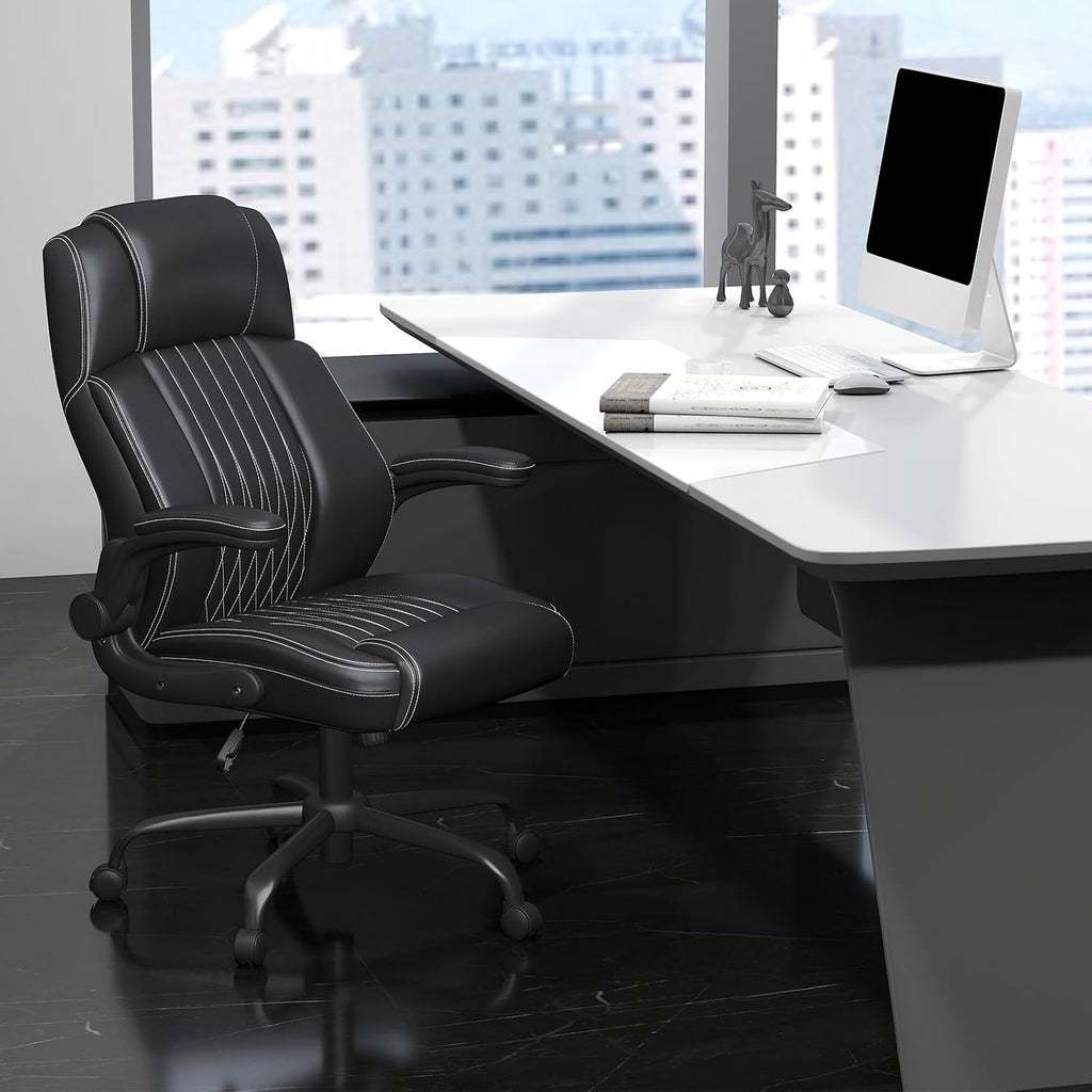 Executive Office Chair with Lumbar Support, High-Back Leather Ergonomic Computer Desk Chair with Flip-Up Arms, Height Adjustable and 360° Swivel, Rocking Function, for Home and Office, Black
