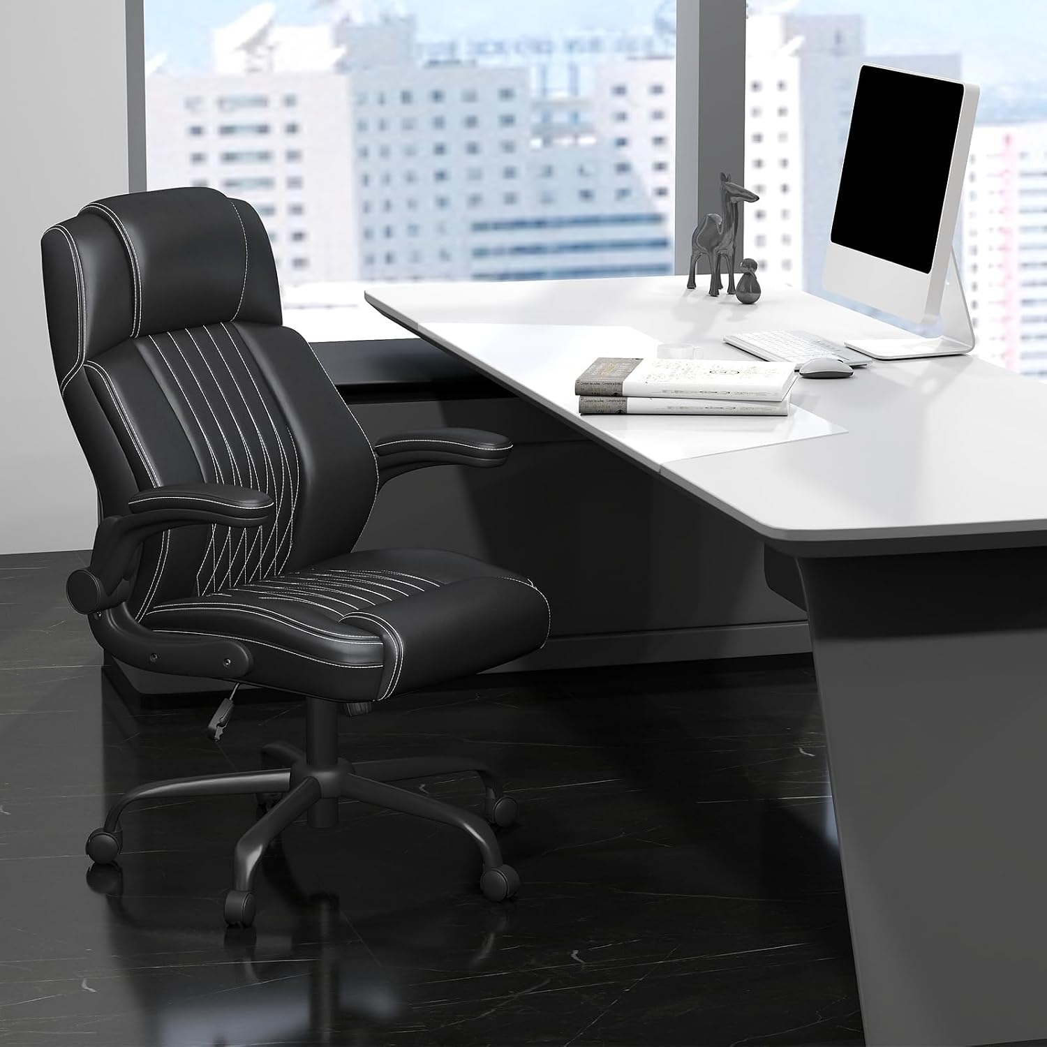 Executive Office Chair with Lumbar Support, High-Back Leather Ergonomic Computer Desk Chair with Flip-Up Arms, Height Adjustable and 360° Swivel, Rocking Function, for Home and Office, Black