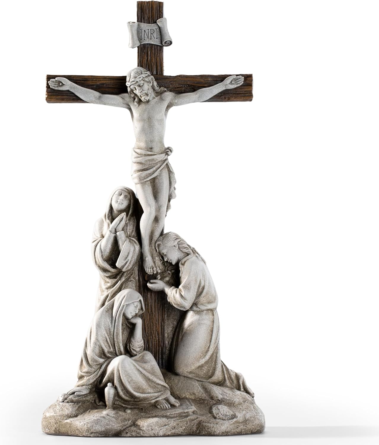 DevotedWalls Standing Crucifix Wall Cross, Catholic 12" H Crucifixion of Jesus Christ Scene Statue with Virgin Mary,Tabletop Cross for Easter(Stone Color)