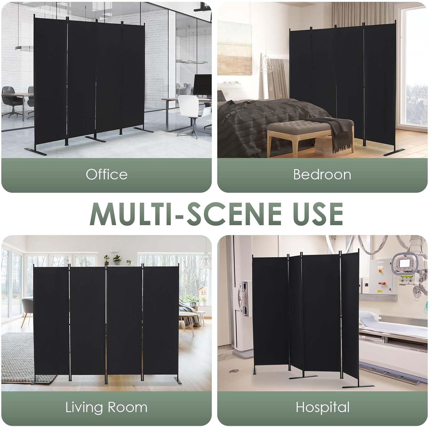 RANTILA 4 Panel Room Divider, 6 FT Folding Privacy Screen with Wide Feet, Freestanding Partition for Room Separation, Portable Room Divider Panel, 89" W x 71" H, Black