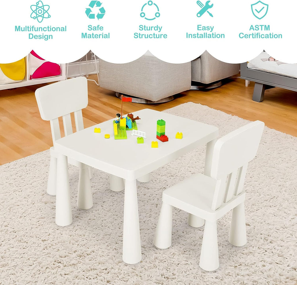 Costzon Kids Table and Chairs, 3 Piece Plastic Easy Clean Children Activity Desk for Reading, Drawing, Snack Time, Arts Crafts, Preschool, Kindergarten & Playroom, Toddler Table and Chair Set (White)