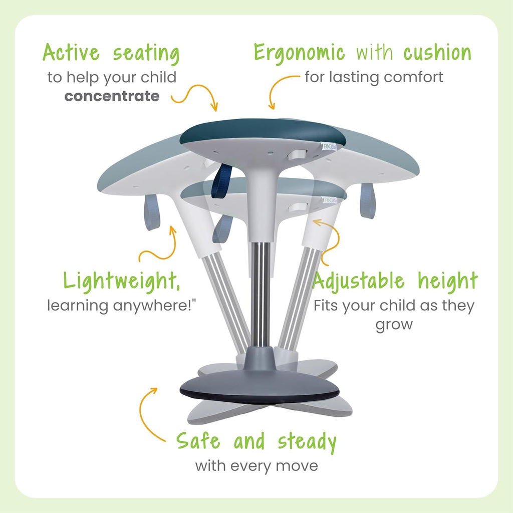Wobble Stool for Kids Ages 7–12; Adjustable Height Wobble Stool; Classroom Seating with Soft, Easy-to-Clean New Fabric Cushion; Flexible Wiggle Chair for Focus & ADHD + Bonus Visual Timer (Lake Teal)